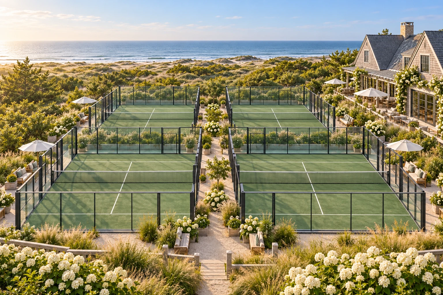 Illustrative concept of four outdoor padel courts arranged in a two-by-two grid beside a coastal cedar-shingle clubhouse