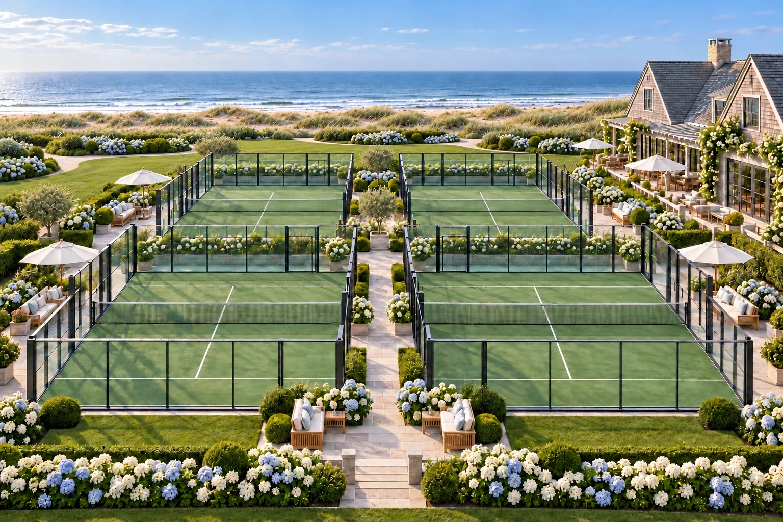 Illustrative coastal padel club concept with manicured lawns, planted flower beds, upscale patio seating, and dunes near the ocean