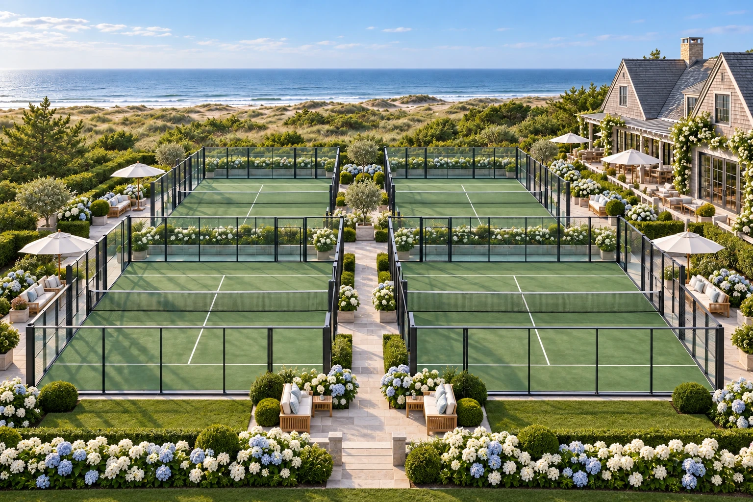 Illustrative coastal padel club concept with manicured lawns, planted flower beds, upscale patio seating, and dunes near the ocean